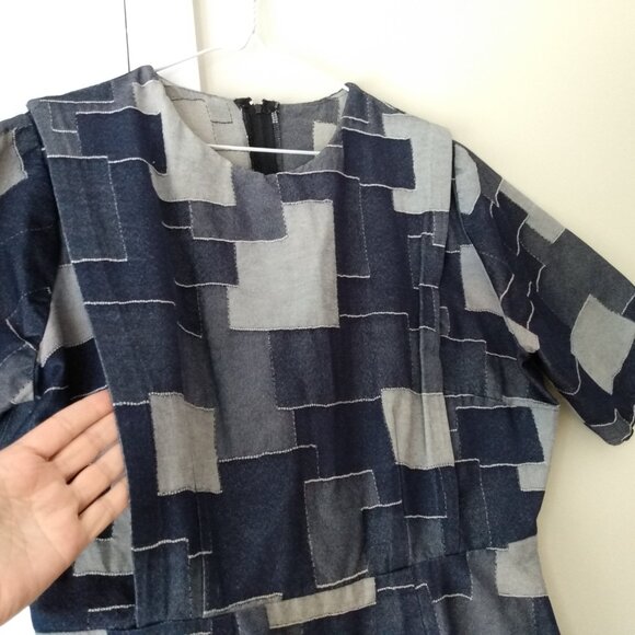 Handmade Denim Jean Patchwork Dress Plus Size 44.5"B 34"W Amish Mennonite Cape - Picture 5 of 14